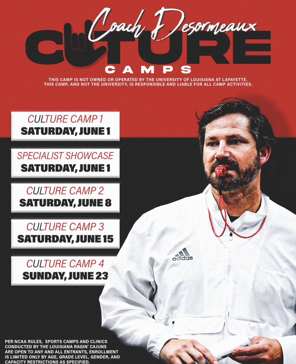 Almost that time. Come compete at a high level and learn about our #cULture #GeauxCajuns Get signed up here: info.abcsportscamps.com/coach-desormea…