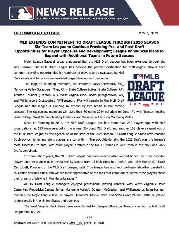 BREAKING: <a href="/MLB/">MLB</a> extends #MLBDraftLeague through 2030 season 

Details: mlb.com/press-release/…