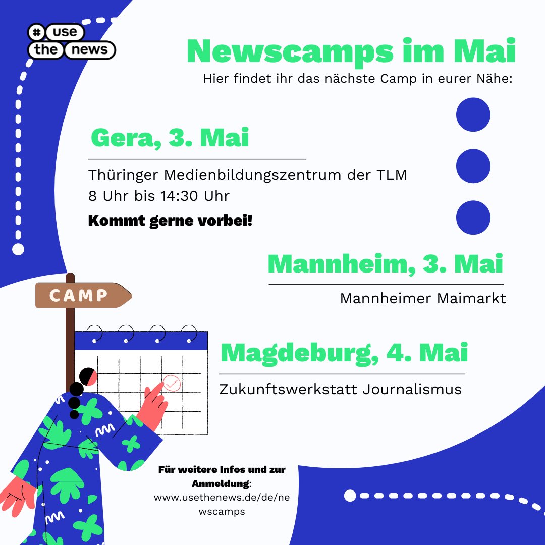 ✨ Newscamps in eurer Nähe! ✨ 📍 Gera, 3. Mai (Thüringer Medienbildungszentrum der TLM) 📍 Mannheim, 3. Mai (Mannheimer Maimarkt) 📍 Magdeburg, 4. Mai (Zukunftswerkstatt Journalismus) #usethenews #jahrdernachricht