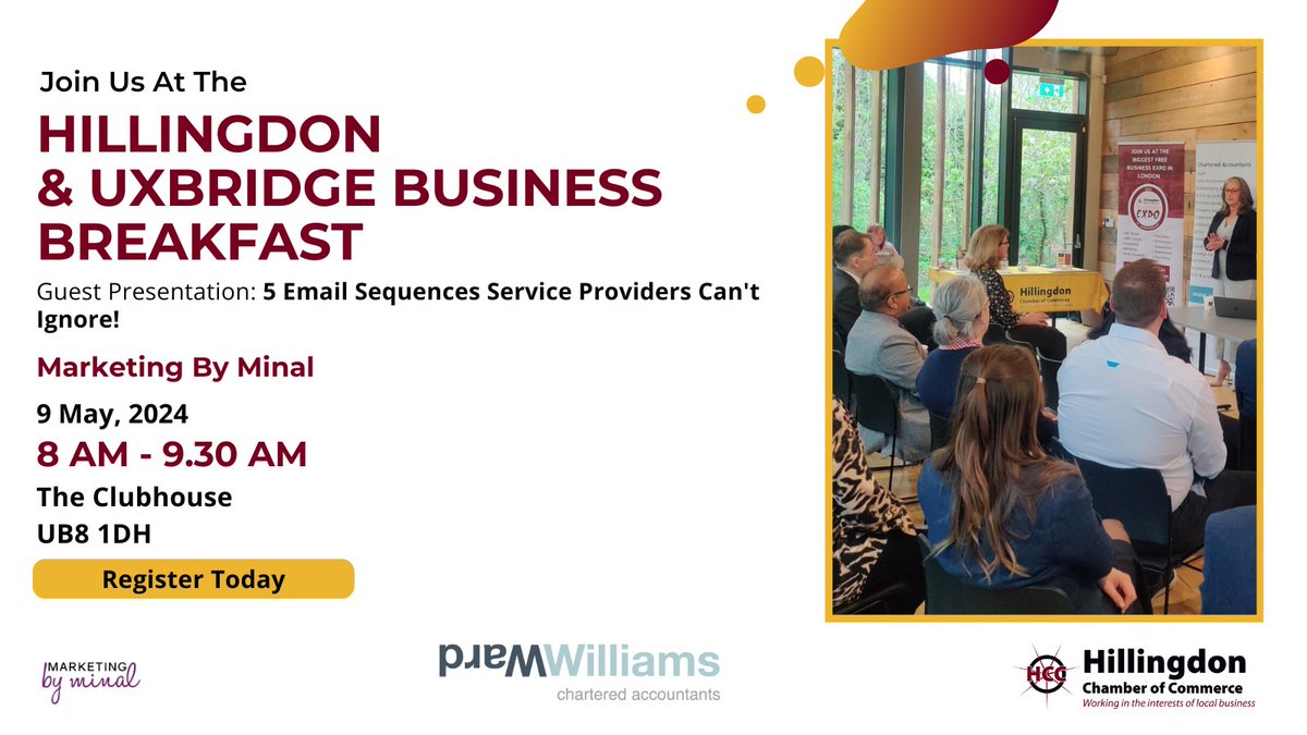 Join us at @wardwilliamsCA HUBB on 9th May 2024 between 8.00 AM-9.30 AM at the Clubhouse in Uxbridge UB8 1DH. You will hear from @Minal2804 about 5 Email Sequences Service Providers Can't Ignore! Register for your free tickets here: tinyurl.com/mryf6k7w #businessnetworking