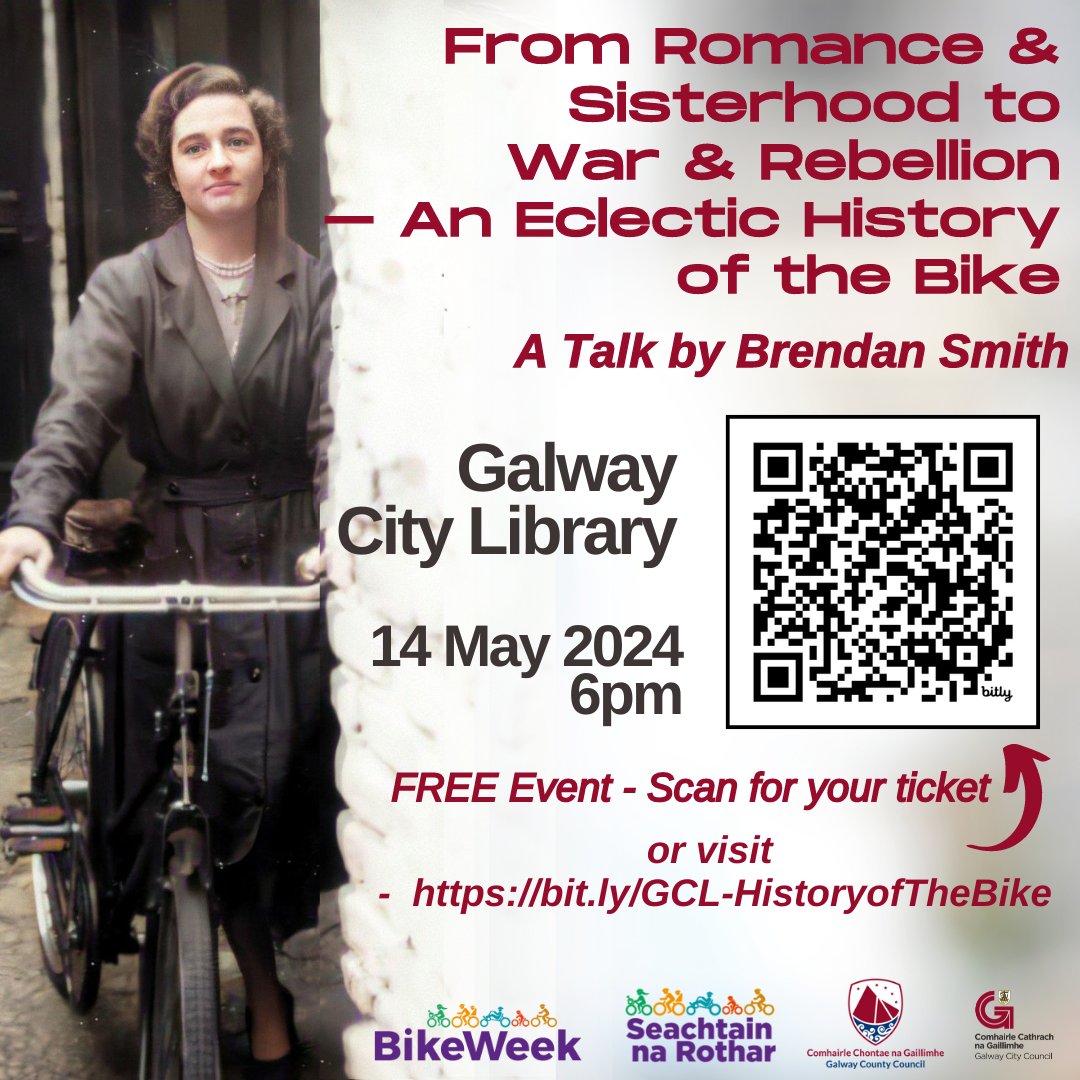 Join us at @galwaycitylib on Tuesday 14 May 2024 at 6pm as we celebrate #BikeWeek2024 with a fascinating talk from Brendan Smith on the history of the bike. Book your FREE ticket on bit.ly/GCL-HistoryofT…