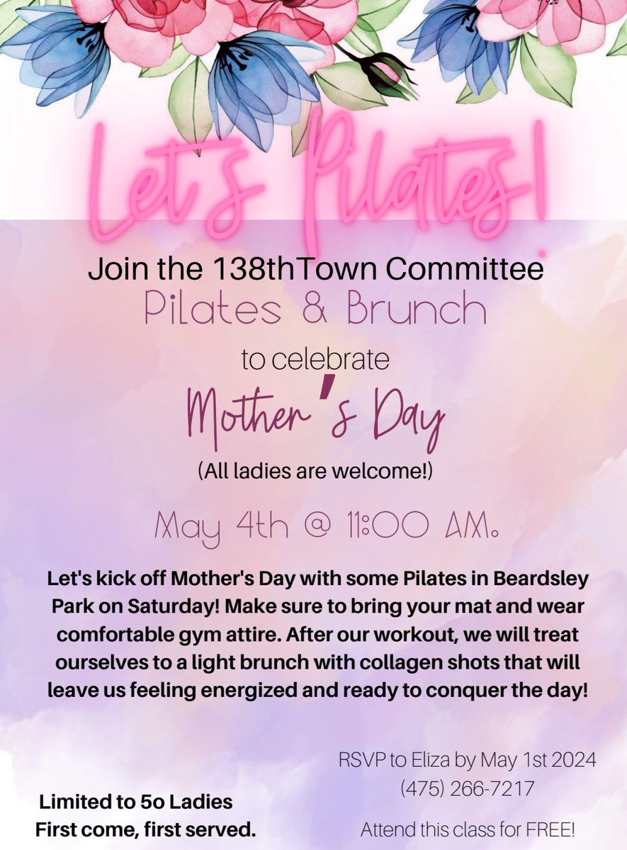 Free Pilates class and brunch in honor of Mother's Day. This event will be hosted at Beardsley Park this Saturday, May 4 at 11:00AM!