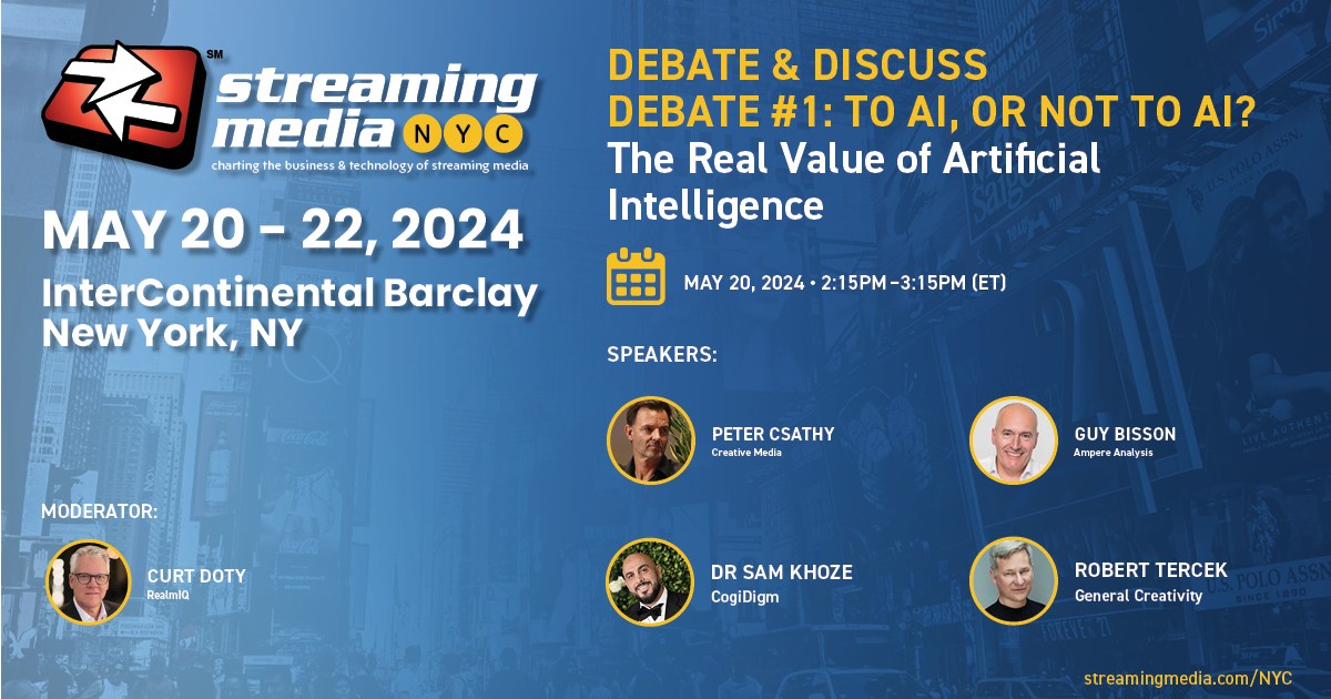 Join us at #StreamingNYC for a Debate on The Real Value of Artificial Intelligence from speakers Peter Csathy, @creativemediani, Dr. Sam Khoze, Guy Bisson, @tvintelligence, and Robert Tercek. Register today, use code SMNYC24! ow.ly/rpy850RuNGU