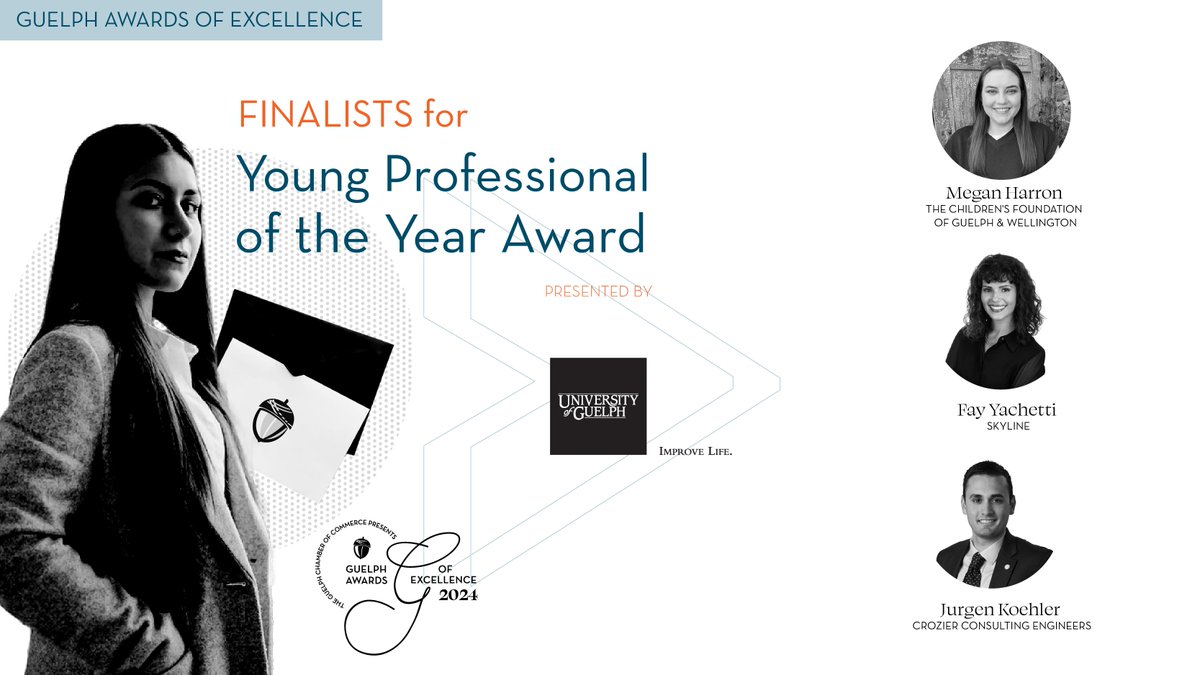 👏Congratulations to our 2024 finalists for the Young Professional of the Year Award: Megan Harron, BSW, RSW, Jurgen Koehler, P.Eng., and Fay Yachetti, MBA.👏
🎉Cheer these young pro's on and join us for our 2024 #GuelphAwardsofExcellence🎉
Register: bit.ly/49lUdf0
