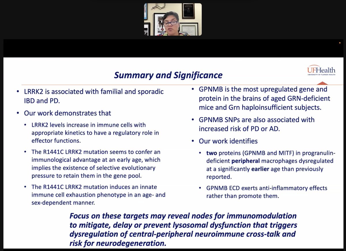 Excellent talk on the role of #Lysosomal dysfunction (#PGRN, #LRRK2, #GPNMB, #MITF, #GBA1, #CTSB) in neuroimmune mechanisms that increase the risk for #Neurodegeneration by Dr. @MaluTansey, hosted by Dr. @MarkRCookson1 via @ISMND1 science webinars. #Parkinsons