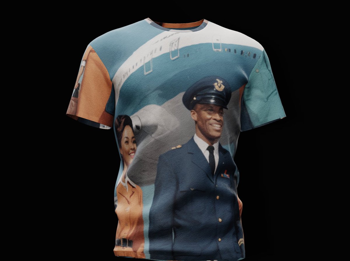 Inspired design by @747crash ✈️ here is my submission to the contest!! PLEASE LIKE AND RT TO SUPPORT!! '1960s airline poster with an African American pilot and crew in front of a Boeing 747' @props x @catawampusio app.catawampus.io/g/7cc619de-3d5…