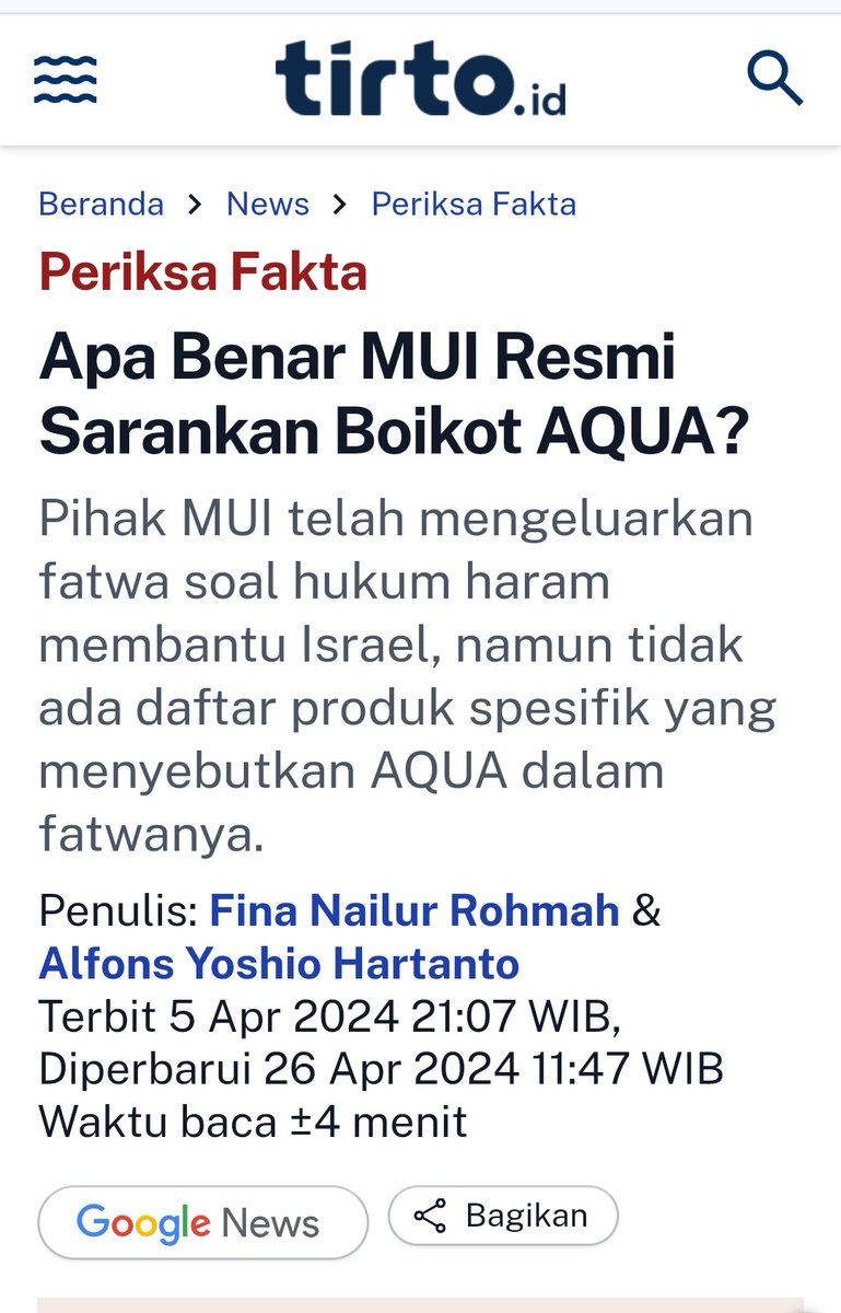 Klaim bahwa MUI resmi sarankan boikot produk Aqua tidak benar. Penelusuran fakta menunjukkan MUI hanya mengeluarkan fatwa hukum haram membantu Israel, tanpa menyebut merek tertentu. Produk Aqua tidak masuk dalam daftar boikot MUI.