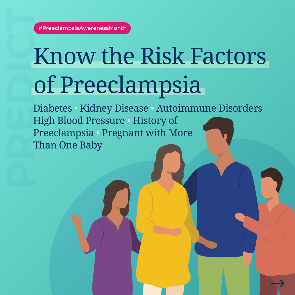Know the symptoms of preeclampsia: severe headache, swelling in the hands and face, visual issues, nausea and vomiting, stomach or abdomen pain, and/or sudden weight gain. Preeclampsia can occur in any pregnancy, so ALL moms need to know. #PreeclampsiaAwarenessMonth @preeclampsia