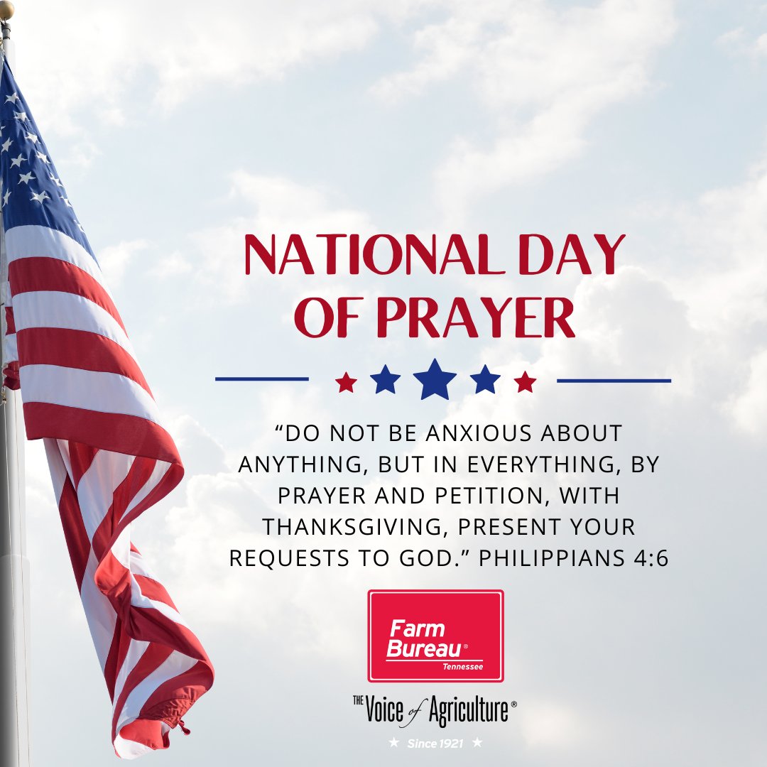 On This National Day of Prayer we lift up our Nation and leaders in prayer, and give thanks to the Lord for our farmers! God continues to bless the great industry of agriculture, providing abundant food for our Nation and world! #NationalDayofPrayer I #TNFarmBureau