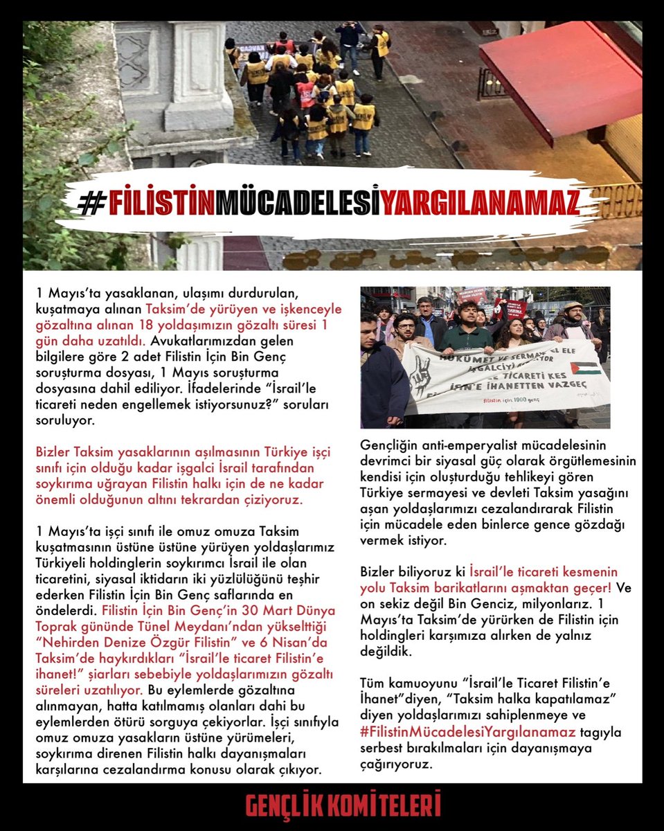 18 değil binleriz! 1 Mayıs günü Taksim'den gözaltına alınan 18 yoldaşımız hala Vatan Emniyet'te. Öğle saatlerinde gerekçenin Filistin'le dayanışma eylemleri olduğunu öğrendik. Filistin'le dayanışma suç olamaz. Gençleri serbest bırakın! #FilistinMücadelesiYargılanamaz