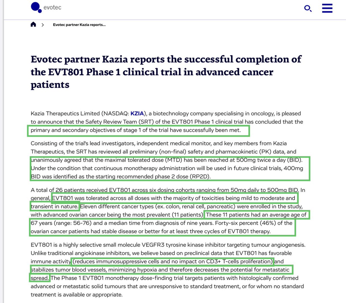 $EVT.DE @evotec $KZIA
#EVT801 Phase 1 clinical trial results. 
In general, EVT801 was tolerated across all doses with the majority of toxicities being mild to moderate. Primary and secondary objectives of stage 1 of the trial have successfully been met. kaziatherapeutics.com/site/pdf/4489c…
