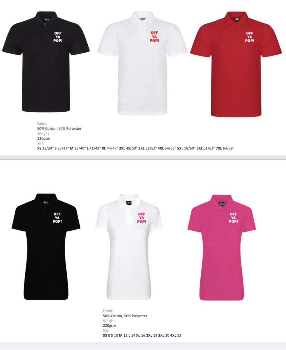 ‘Off Ya Pop!’ T shirts no longer available, I’m afraid. However, there’s a new polo shirt with an embroidered logo in four different colours now on sale! 🙂 Here’s the link: mcneilsmill.co.uk/shop/OYP-c1656…