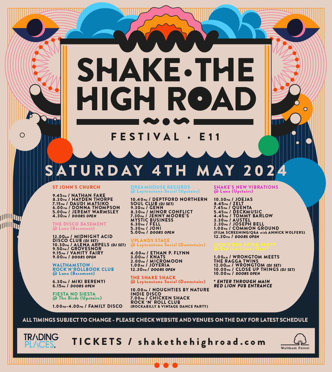 Set times for @shakehighroad in Leytonstone on Saturday if you're coming... I'm DJing from midnight in the Lion's Den at @RedLionE11, and @TheRaggaTwins are joining me on the mic from 1am Tickets: tickettailor.com/events/shaketh…