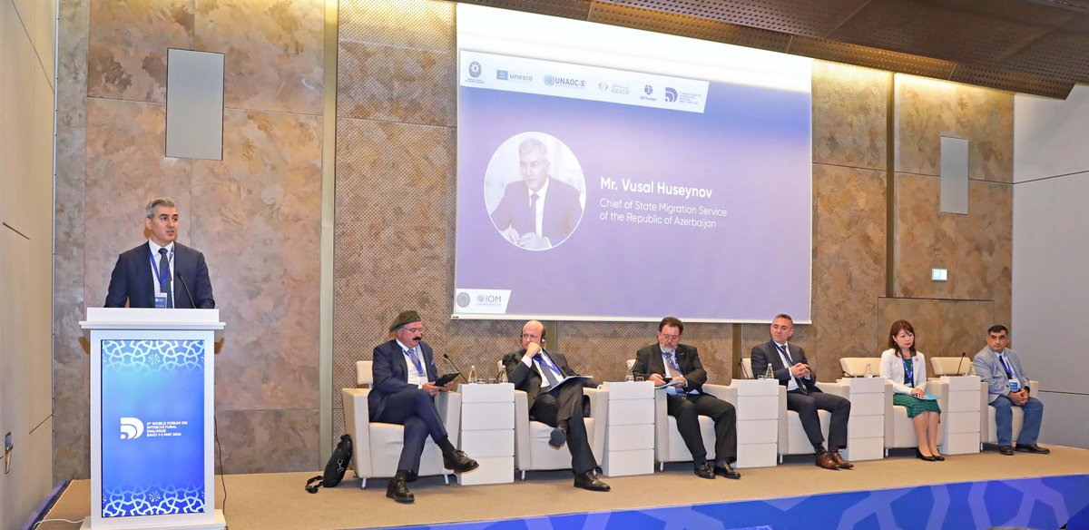 #WFID6 in 🇦🇿 once again set migration as one of its key topics. Addressed panel on #migration co-organized by @UNmigration & @migrationAZE noted importance of working together to build a world where migration benefits everyone, and everywhere. #Dialogue4PeaceandGlobalSecurity