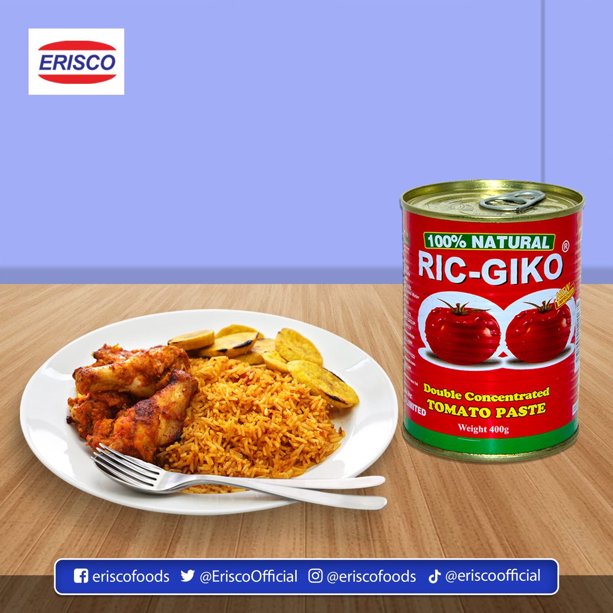 Experience the vibrant flavors of Jollof rice elevated with Ricgiko's rich tomato essence, perfectly complemented by moist dodo. #Erisco #Eriscofoods #Ricgiko