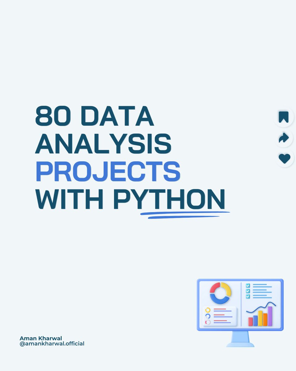 If you are looking to improve your #DataAnalytics skills, this is for you. Here's a list of 80 Data Analysis projects based on real-time business problems, solved and explained using #Python. Includes projects like:

1. Electric Vehicles Market Size Analysis
2. Food Delivery Cost