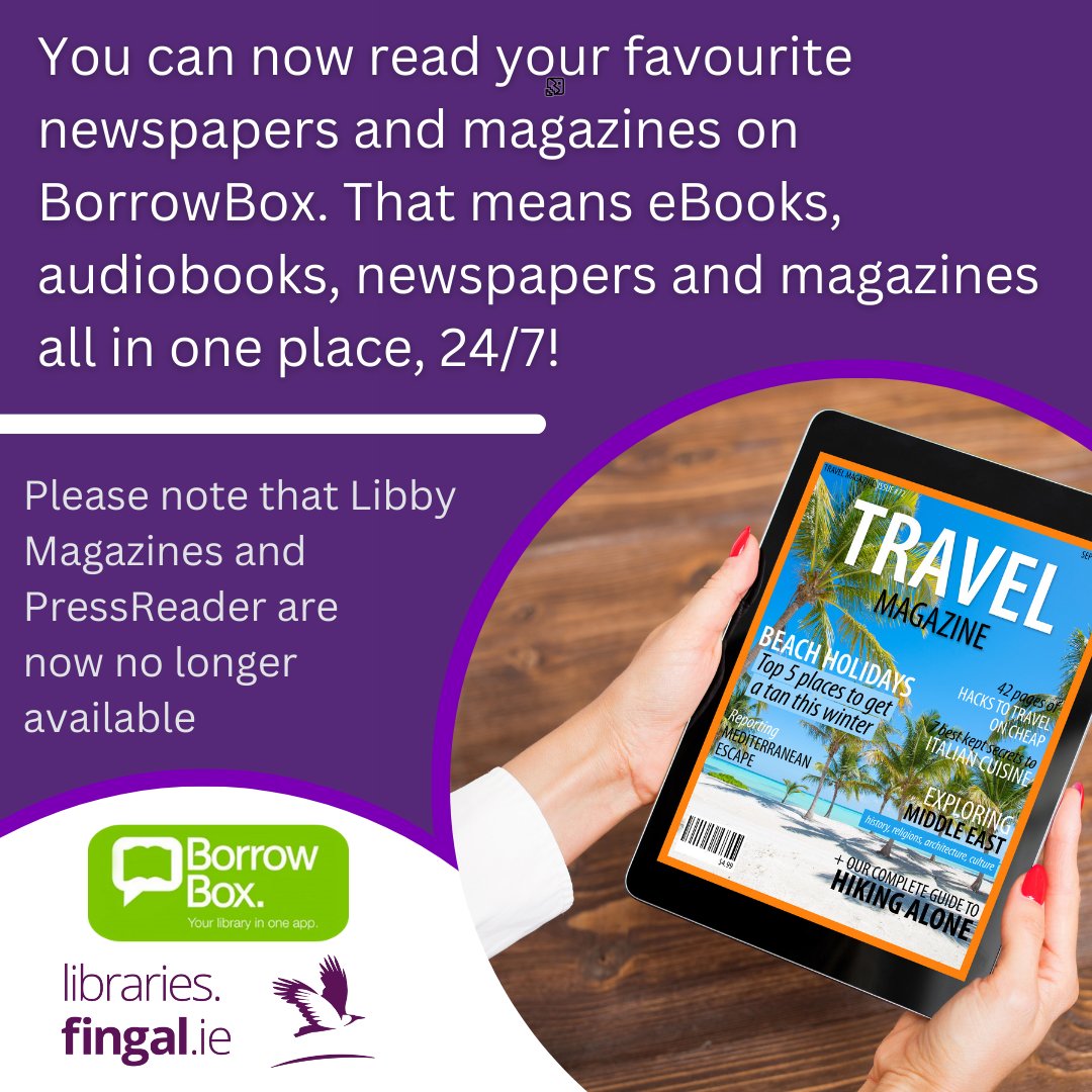 You can now read your favourite newspapers and magazines on BorrowBox. 
That means eBooks, audiobooks, newspapers and magazines all in one place, 24/7!

#FingalLibraries