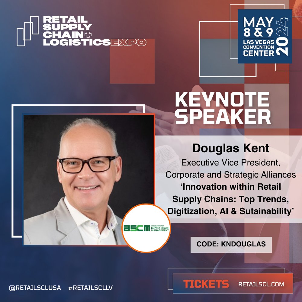 ascm_hq's tweet image. The Retail Supply Chain Logistics Expo is less than a week away. ASCM Executive Vice President Douglas Kent will deliver a keynote focused on retail supply chain innovation. Access your free ticket to the event with code KNDOUGLAS ▶️   bit.ly/3U5nUw8

#RetailSCLLV
