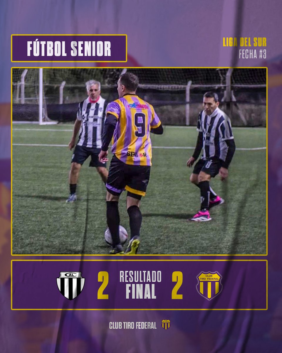 #FútbolSenior ⚽️| 🔚 ¡Empate en el Zibecchi!
⠀⠀⠀⠀⠀⠀⠀⠀
Fecha 3: ⚫️⚪️ Liniers 2-2 #Tiro 🟣🟡
⠀⠀⠀⠀⠀⠀⠀⠀
⚽️ Juan Dietz.
⚽️ César Muzi.
⠀⠀⠀⠀⠀⠀⠀⠀
#VamosTiro 💜💛💜
#SentidoDePertenencia

📸 Liga del Sur.