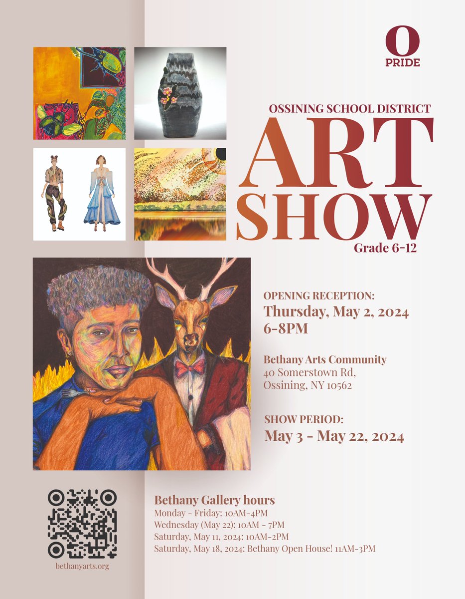 ART SHOW OPENING TONIGHT!
2024 Ossining UFSD District Wide Art Show  
6pm Bethany Arts Community @bethanyartsorg 

#ArtistOnTwitter #art #artist
#ossining #opride #artteacher
@OUFSD_Arts @Mary_FoxAlter @nikkinover @MrCharvet @OssiningSchools @RhodaBaksh @narelys1210 @MrhochAMD