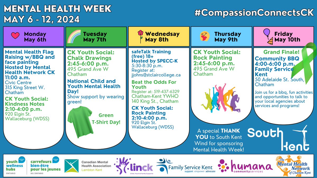 Mental Health Week May 6-12, 2024. Check out the community events happening each day next week. It starts with Flag raising on Monday and ends with a BBQ on Friday - with educational sessions and opportunities to connect in between. #CompassionConnectsCK