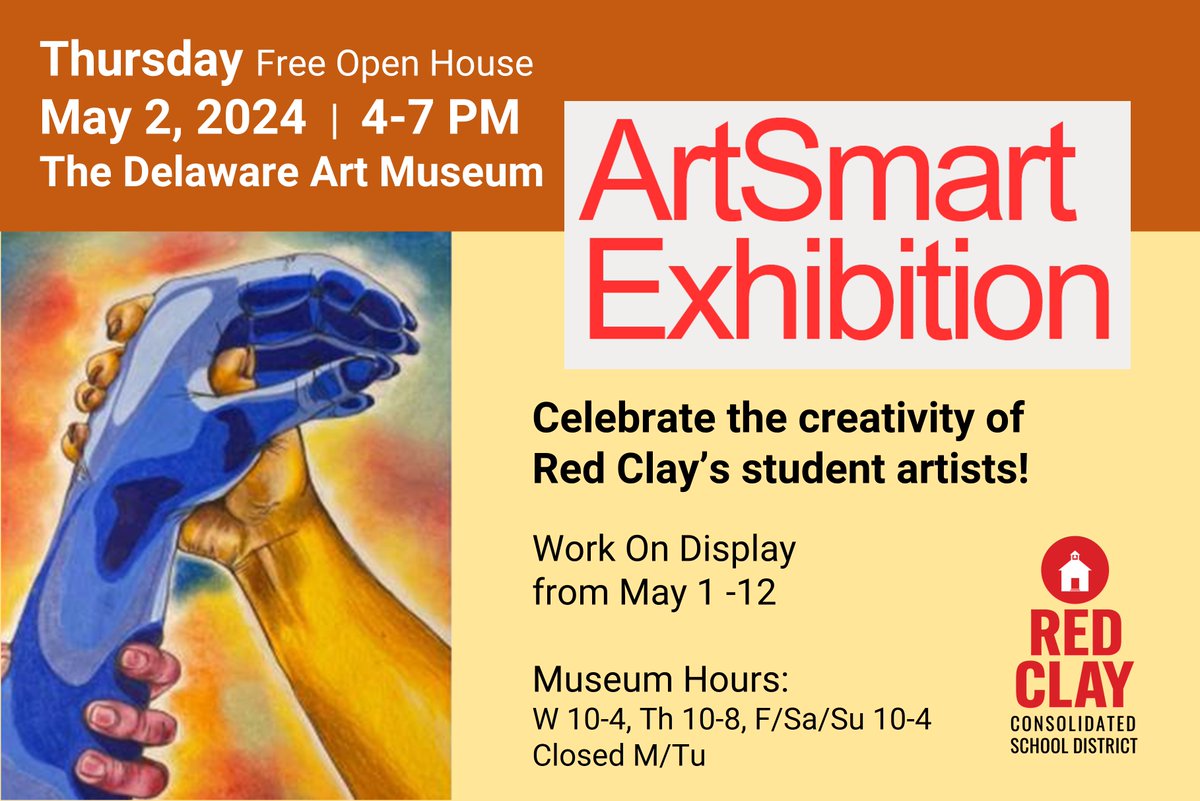 Don't miss out on this FREE open house happening today, Thursday, May 2, 2024, from 4-7 PM at the Delaware Art Museum If possible, please pre-register (Elementary) - 326.blackbaudhosting.com/326/tickets?ta……... If possible, please pre-register (Secondary) - 326.blackbaudhosting.com/326/tickets?ta……...