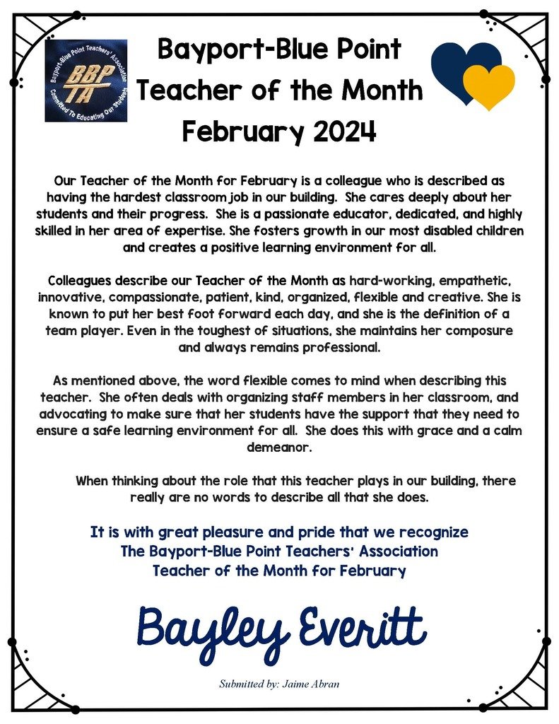 The BBP Teachers’ Association announced yesterday that the February 2024 #TeacherOfTheMonth is Ms. Everitt!  Congratulations to a great teacher! #BBP #ThankATeacher #BelongBelievePossible