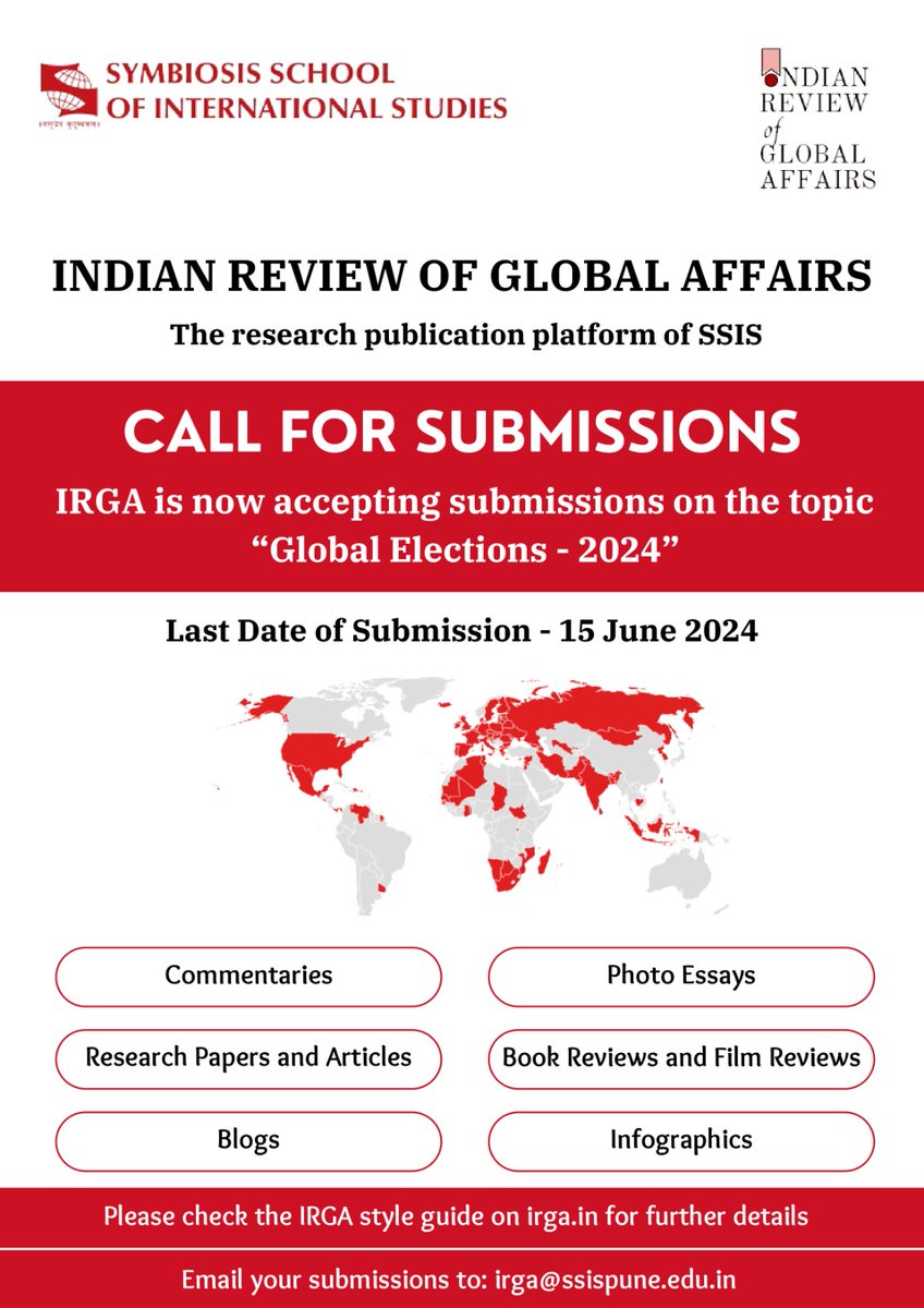 IRGA is now accepting submissions on the topic - GLOBAL ELECTIONS 2024

Send in your articles to the official mail id. Last Date to submit is 15 June 2024.

#IRGA #GlobalElections2024 #CallForSubmissions #PoliticalInsights #Vote2024 #ElectionCoverage