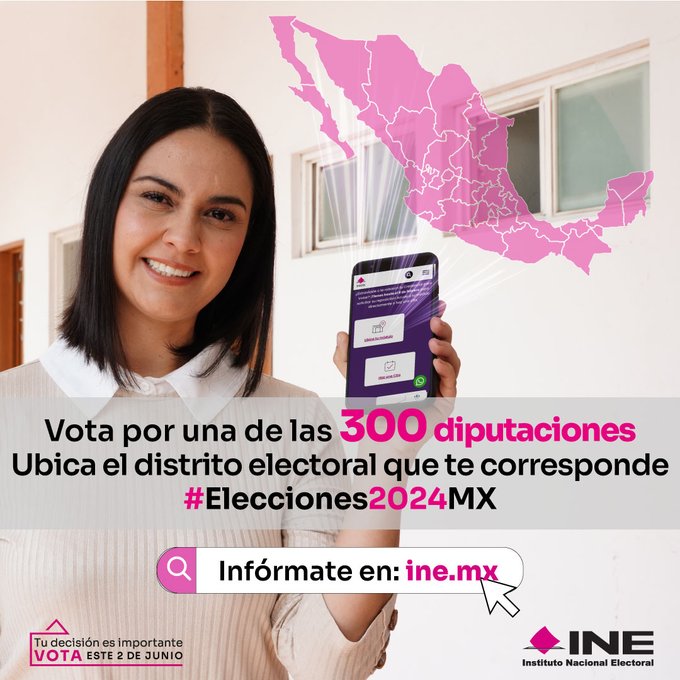 ¿Ya conoces el Distrito Electoral Local en el que te corresponderá votar en las #Elecciones2024MX? Ingresa a ine.mx, Busca tu demarcación y tu sección electoral