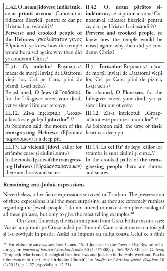 Ecclesiastical authorities of the Romanian Orthodox Church had modified some liturgical texts of the Church to be more accommodating towards Jews & to come across as less explicitly anti-Judaism. Examples are in the Triodion. Here are the modified & non-modified versions compared