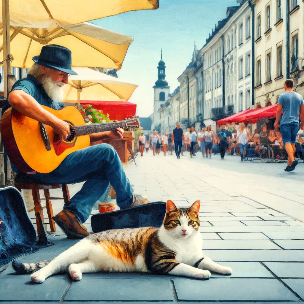 🐱🎸 Summer vibes in the city! Our cat enjoys the cool shade and sweet guitar tunes beside a colorful café. Come for the music, stay for the charming company! #catoftheday #SummerInTheCity #AcrylicPainting ☀️🌻