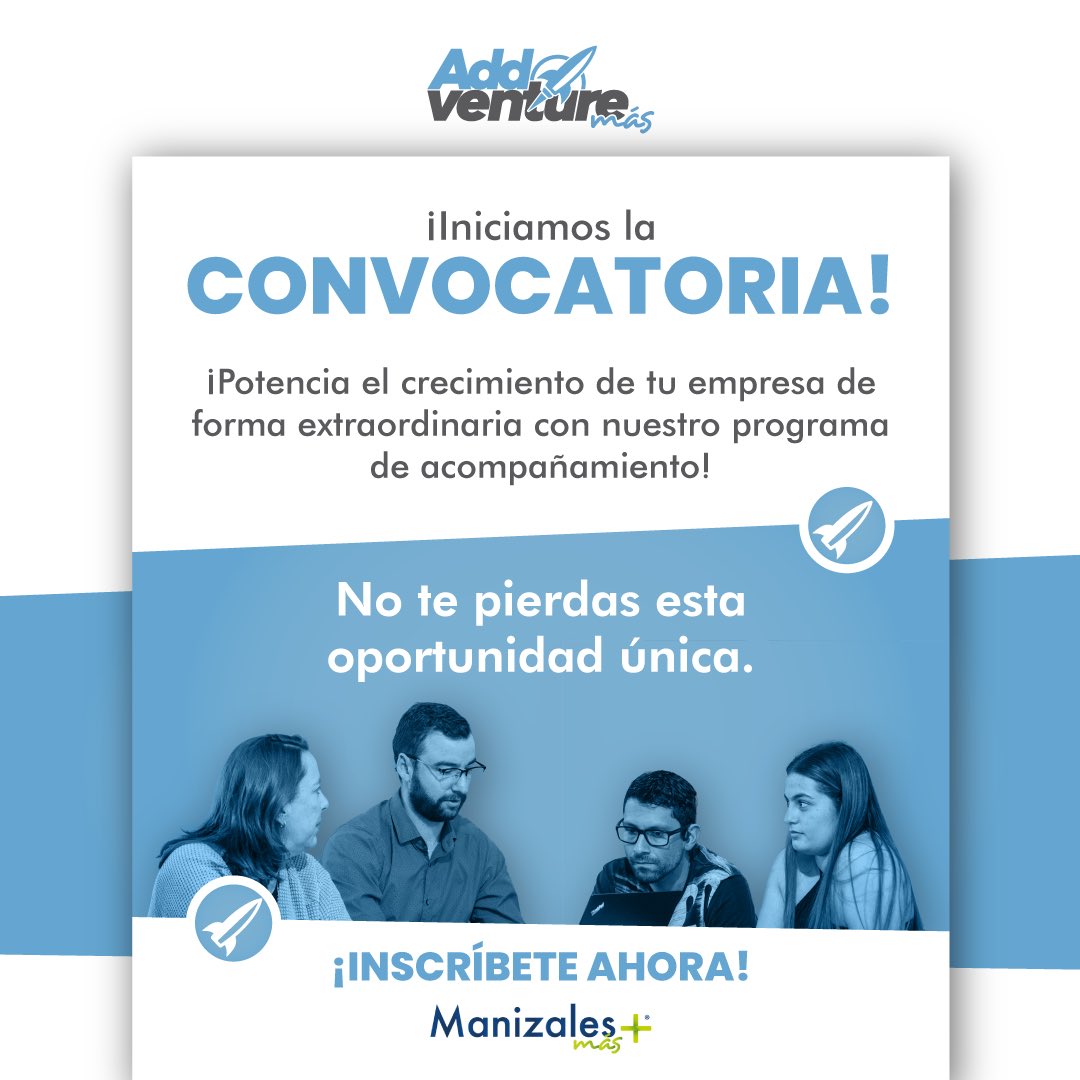 ¡Empresario! 📢 ¿Quieres transformar tu modelo de negocio y alcanzar nuevos horizontes de crecimiento? 🤔¡#AddventureMás es perfecto para ti! 🚀 ¿Estás listo? ¡No lo pienses más e inscríbete ahora en: bit.ly/3KI2sYw ! 📲 #Manizales #Convocatoria #Empresas #Desarrollo