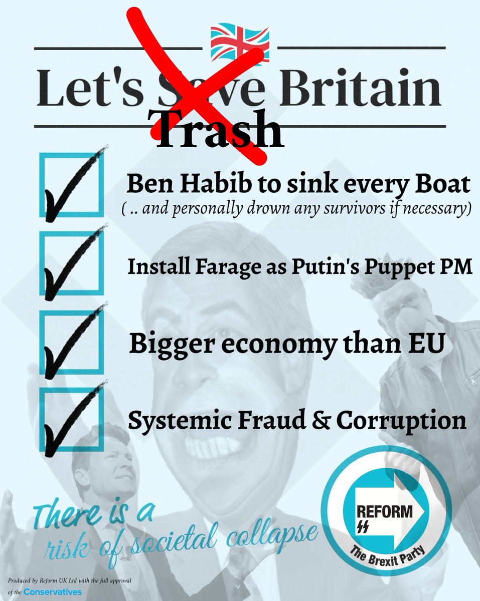 'Vote Reform' for more fash bollocks 
#ReformUK #Reform #VoteReform #LocalElections #LocalElections2024 #Election2024 #Elections2024 #LondonElections #LondonMayor #BenHabib #RichardTice #NigelFarage
#VoteConservative #VoteLabour #VoteTactically #NeverVoteConservative