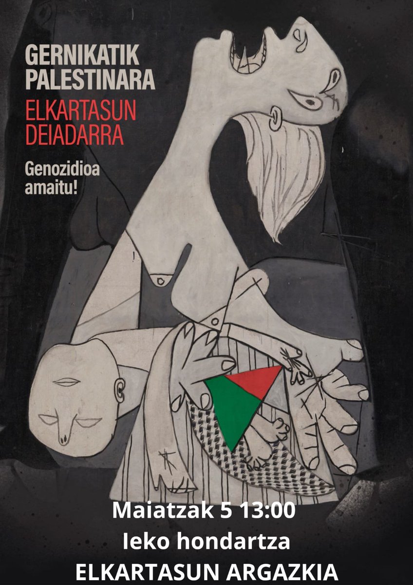 🇵🇸 𝐄𝐋𝐊𝐀𝐑𝐓𝐀𝐒𝐔𝐍 𝐀𝐊𝐓𝐈𝐁𝐎𝐀 Ean
🗓️Maiatzaren 5ean 
🕛13:00etan
📍Ieko hondatzan.
Elkartasun argazkia / Fotografía solidaria.
#StopGenocideInGazaNow
#PalestinaAskatu