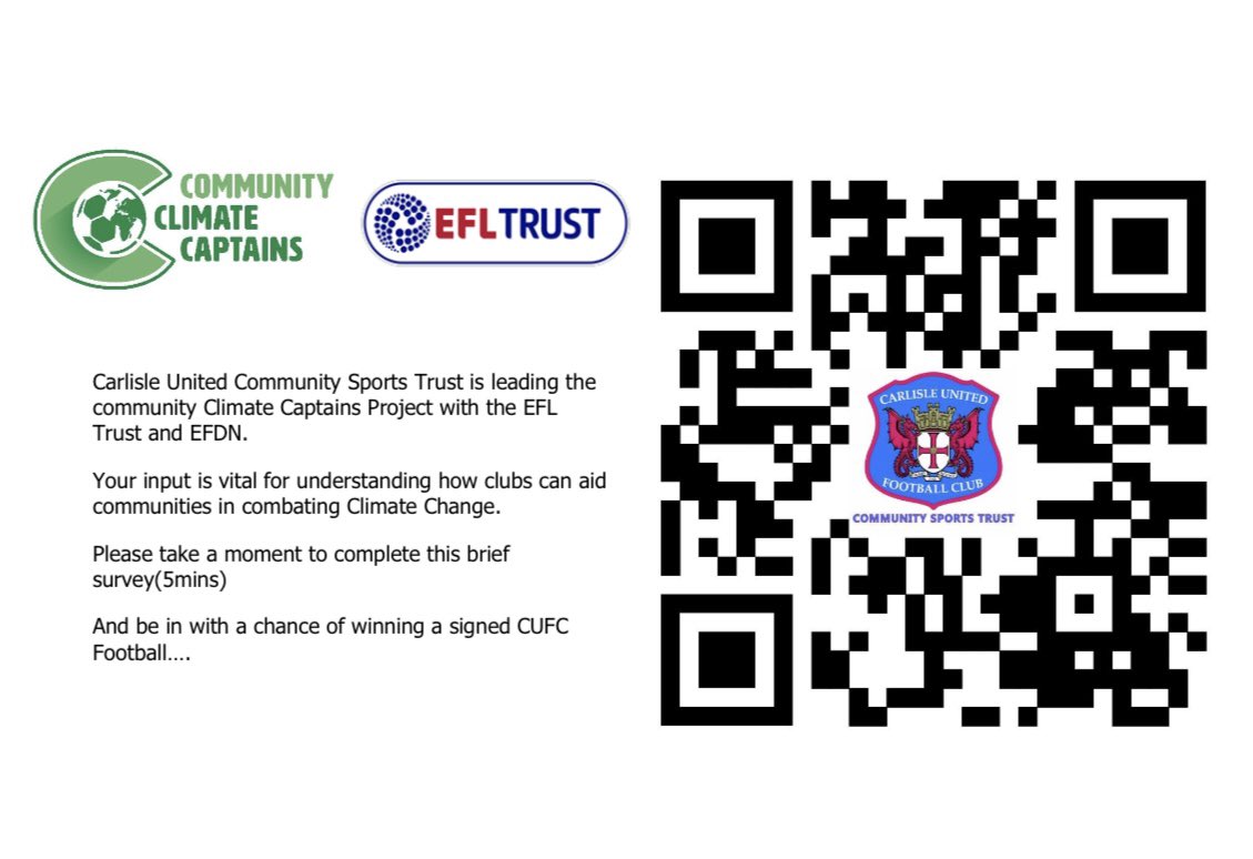 We are leading the Community Climate Captains Project🌳with the EFL Trust and EFDN. Please take a moment to complete survey by scanning the QR code or follow the link below to be in with a chance of winning a signed CUFC football. ⚽️ #CUFCCST #cufc forms.office.com/pages/response…