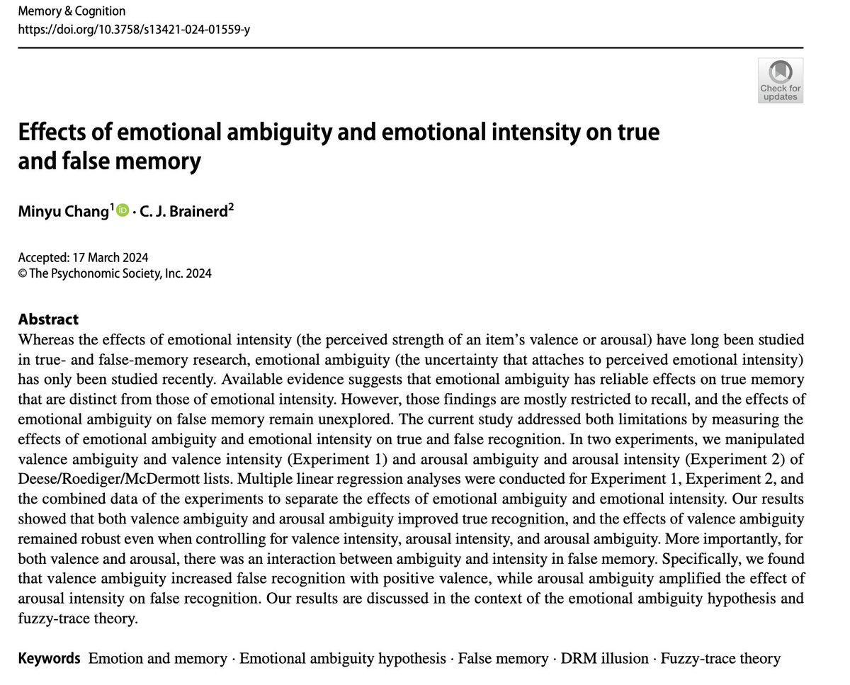 Our latest #research published in Memory &amp; Cognition <a href="/SpringerNature/">Springer Nature</a> showed that higher emotional ambiguity increases #falsememory for positively valenced materials.  Welcome to check out at rdcu.be/dGsRt!