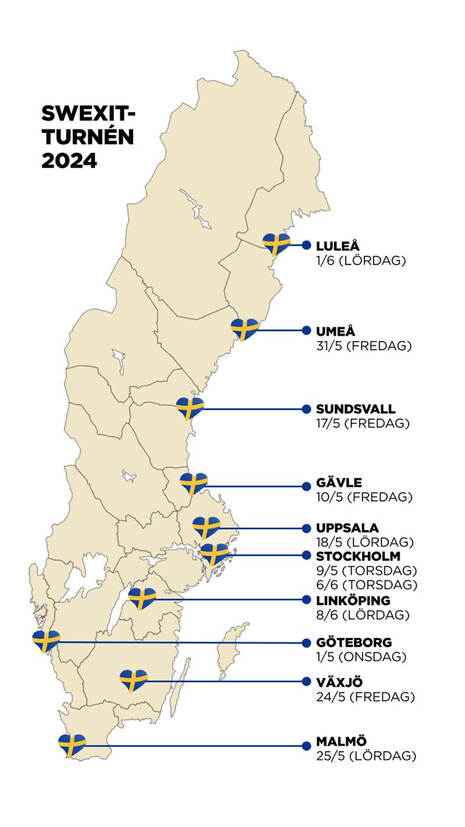 Nu har vi fått tillstånd för Swexit-turnéns nordligaste torgmöte! 🇸🇪

Vi ses i Luleå, lördag 1 juni klockan 12:00 vid Gula paviljongen! 🔥