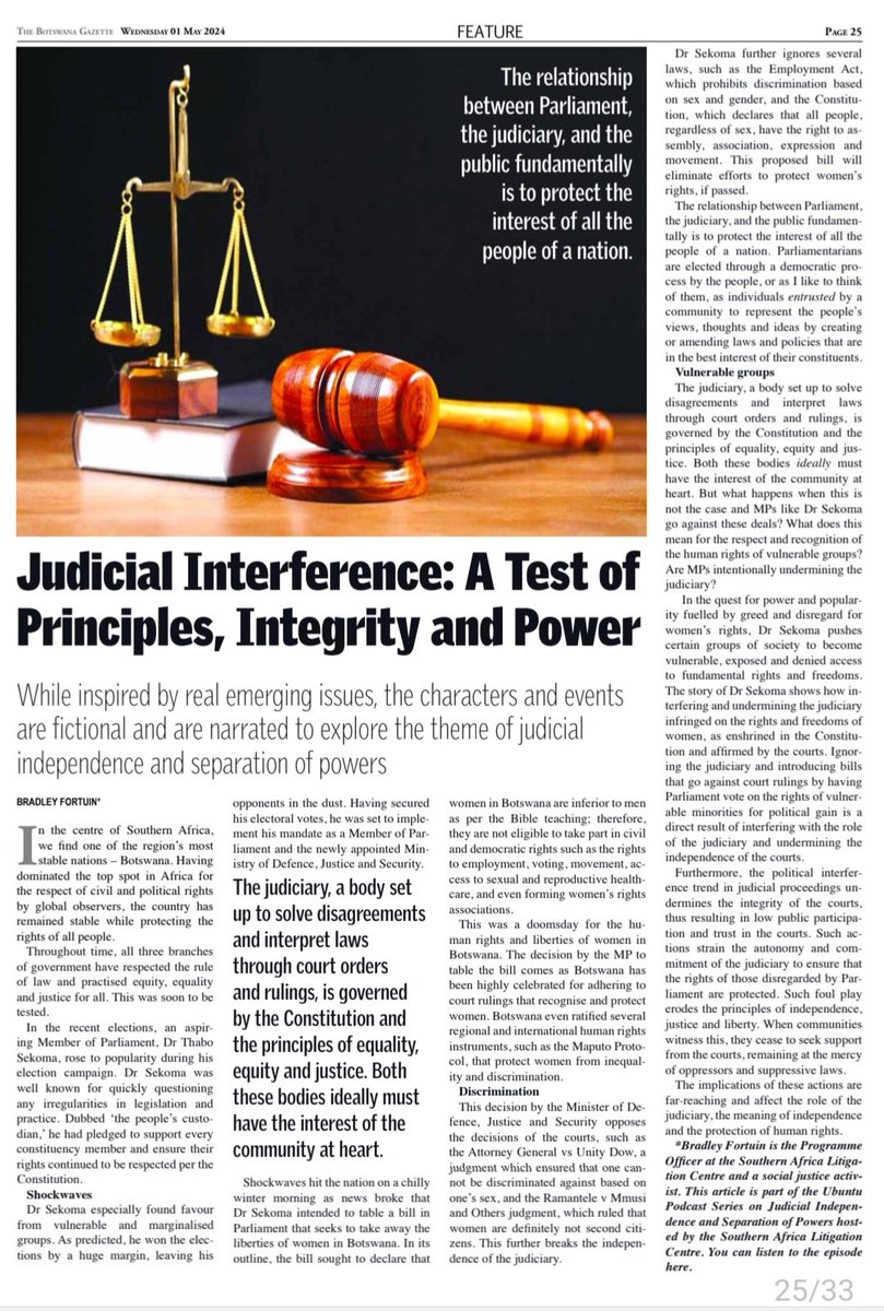 Heya, I wrote a feature about the need for judicial independence and how its interference is a threat to human rights. Get your free copy of this week's Botswana Gazette here, and read all about it bit.ly/3JIj6qC ⚖️