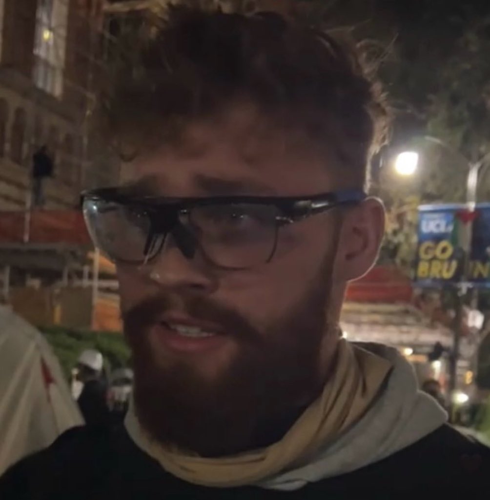 Far-right provocateurs Julio Rosas, Tayler Hansen, and Anthony Cabassa (L-R) are inside the encampment at UCLA. Cabassa attended a transphobic freeway blockade organized by LOKA, and LOKA was present during the extremist attack on the encampment.