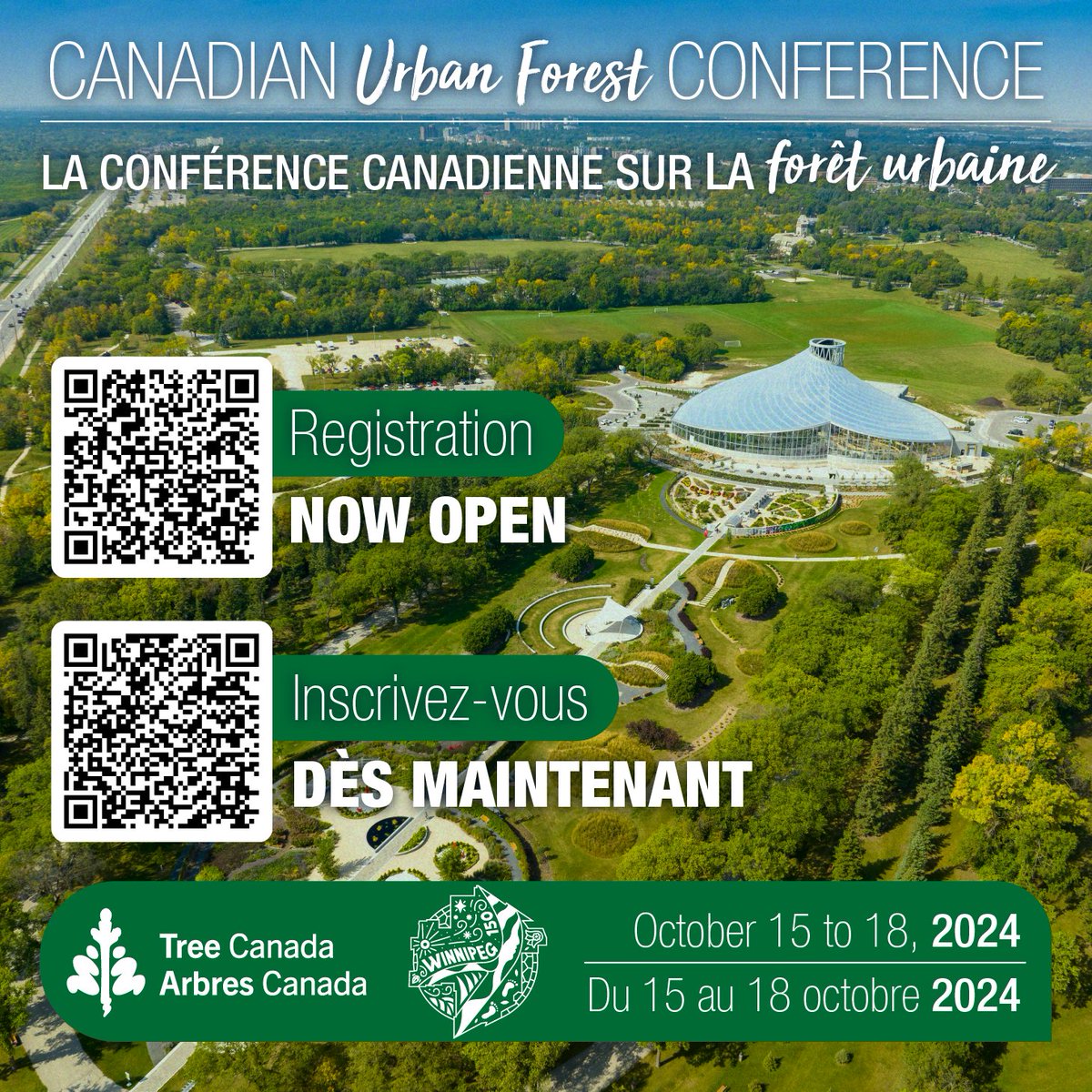 🌳 Registration for the Canadian Urban Forest Conference is OPEN! Join us in Winnipeg from Oct 15-18 for discussions on 'Equity in Canada’s #UrbanForests'. Don't miss the EARLY BIRD rate! Secure your spot now: bit.ly/4aJZs9R 🍁#CUFC2024