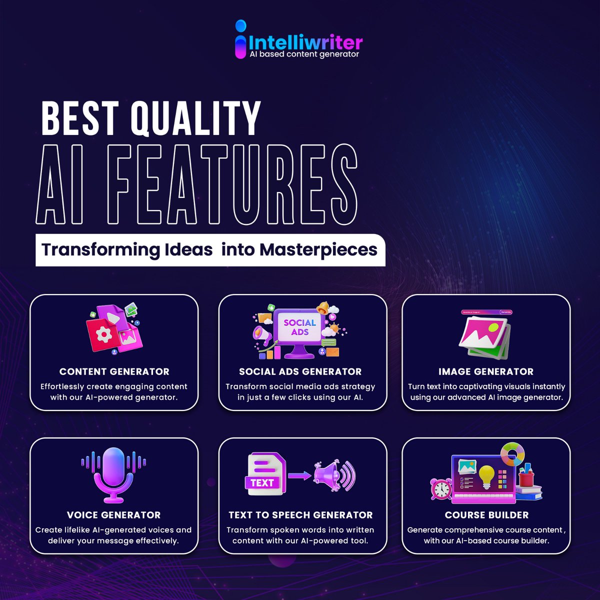 Our top-notch features are revolutionizing content creation:
1️⃣ Content Generator
2️⃣ Social Ads Generator
3️⃣ Image Generator
4️⃣ Voice Generator
5️⃣ Text-to-Speech Generator
6️⃣ Course Builder

intelliwriter.io

#Intelliwriter #AIbasedcontentgenerator #AIImagegenerator #AI