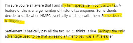 @LoanChargeBurst It does, it warns people to stay well clear of funding those who say they 'specialise in contractor tax' despite having no prior involvement in contractor tax & who'd gaslight you, having increased your liability by failing to warn that TTP wasn't the only benefit of settlement.