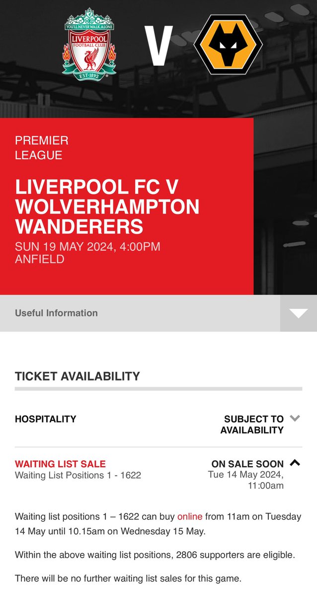 Wolves waiting List announced: Positions 1 - 1622

#lfctickets