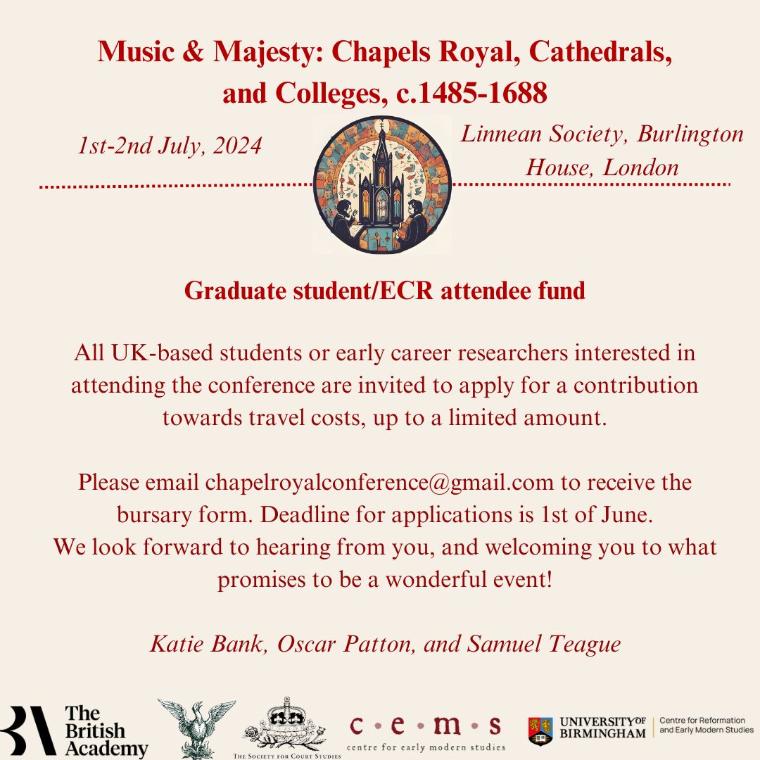 🚨attention all ECRs/students interested in early modern religion, liturgy, music! 🚨 Applications are now open for our bursary scheme to subsidise transport to & from the conference! Email chapelroyalconference@gmail.com to apply. Deadline 1st June. Good luck!