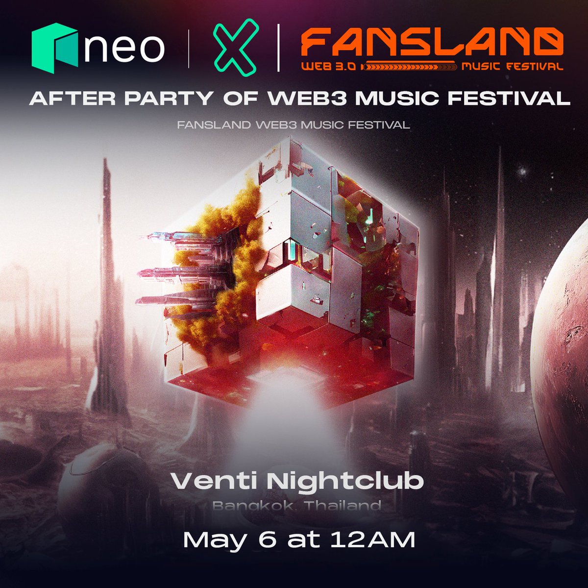 Buckle up for an epic night! 🔥 We're stoked to announce @Neo_Blockchain as the co-host for the exclusive #Web3MusicFestival After Party - the ultimate finale for Web3 KOLs, VVIPs, and celebs to network and discuss Web3's future. 📍 Venti Nightclub ⏰ May 6 at 12 AM (Thailand…