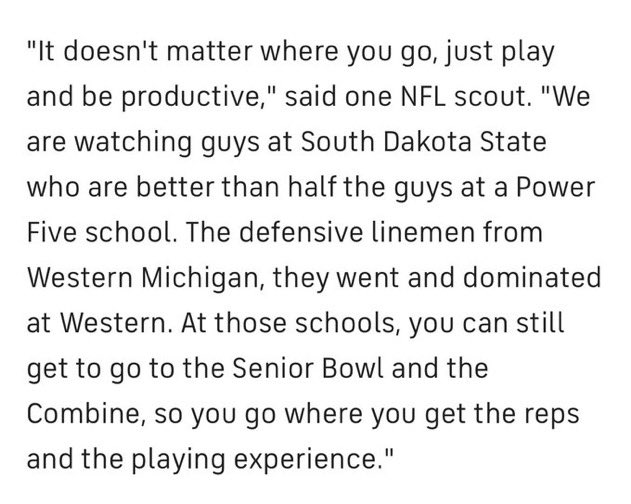 Dear transfer portal athletes,

Here is a message from a NFL Scout:“It doesn’t matter where you go, just play and be productive…So you go where you get the reps and playing experience”

Go. Where. You. Get. The. Reps. And. Playing. Experience.

Credit: <a href="/AllenTrieu/">Allen Trieu</a>
