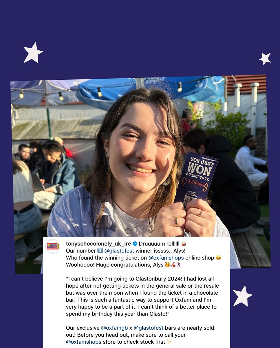 Congratulations to Alys who found the third pair of #Glastonbury2024 tickets in @TonysChocoUK_IE & @oxfamgb golden ticket hunt! 🥳🎊 3 pairs down, 2 to go! 🍫✨