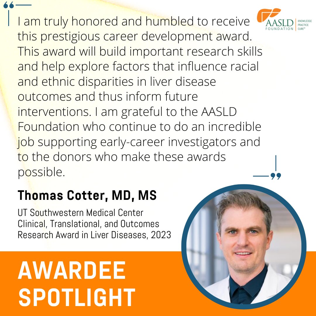 AASLD Foundation Awardee Spotlight: Thomas Cotter, MD, MS 😎 At the core of our work are the talented researchers and clinicians who work tirelessly to find better treatments and more cures for liver diseases. aasldfoundation.org/awardee-spotli… #LiverTwitter