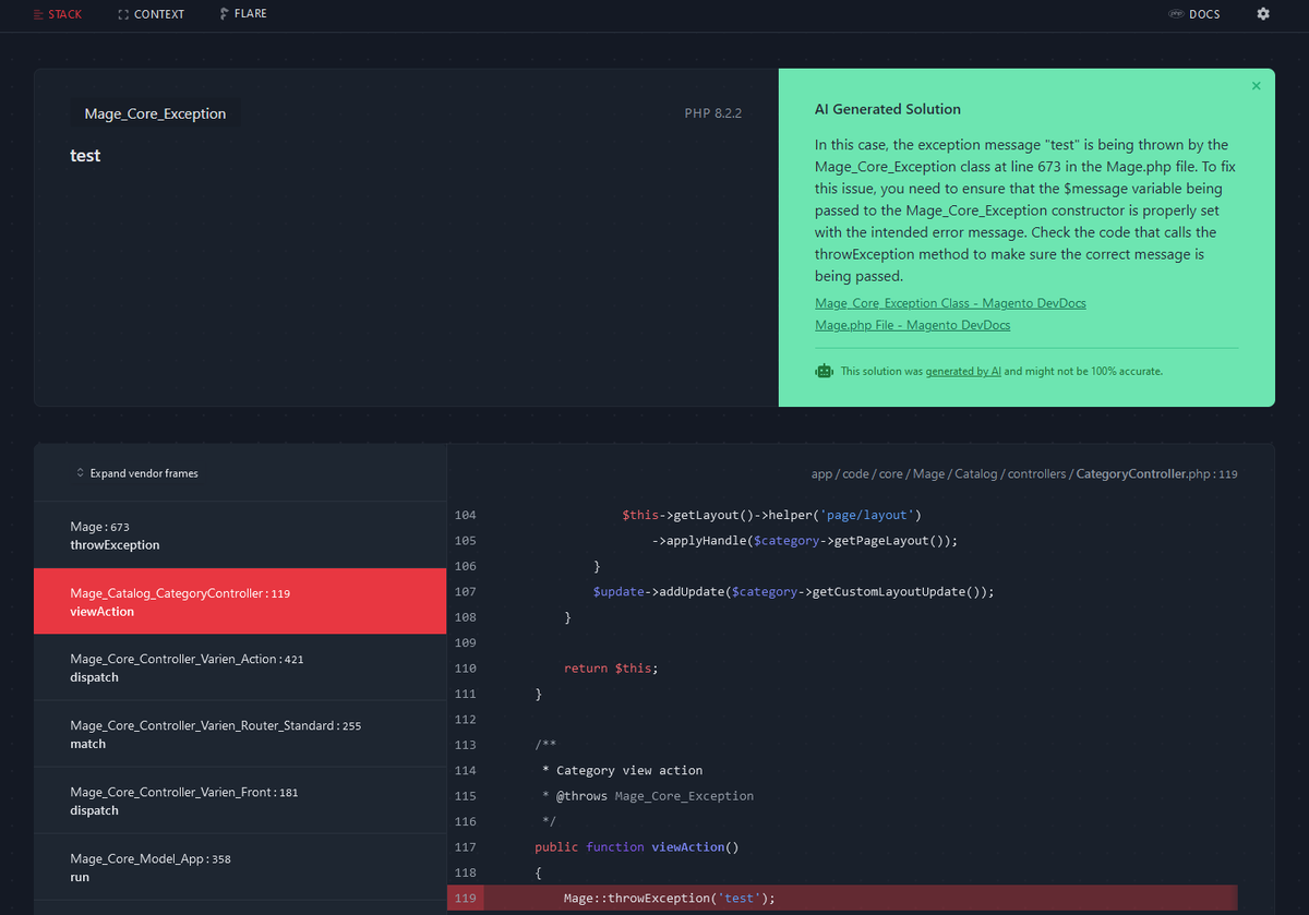 Only last week I added the initial support for #Laravel #Ignition into #OpenMage and now thanks to <a href="/tonyempirico/">Tony Empirico</a> we've a full fledged module supporting #Flare and #AI suggestions on how to fix the error.

#OpenMageForTheWin
<a href="/OpenMageProject/">OpenMage Project</a> 
#magento