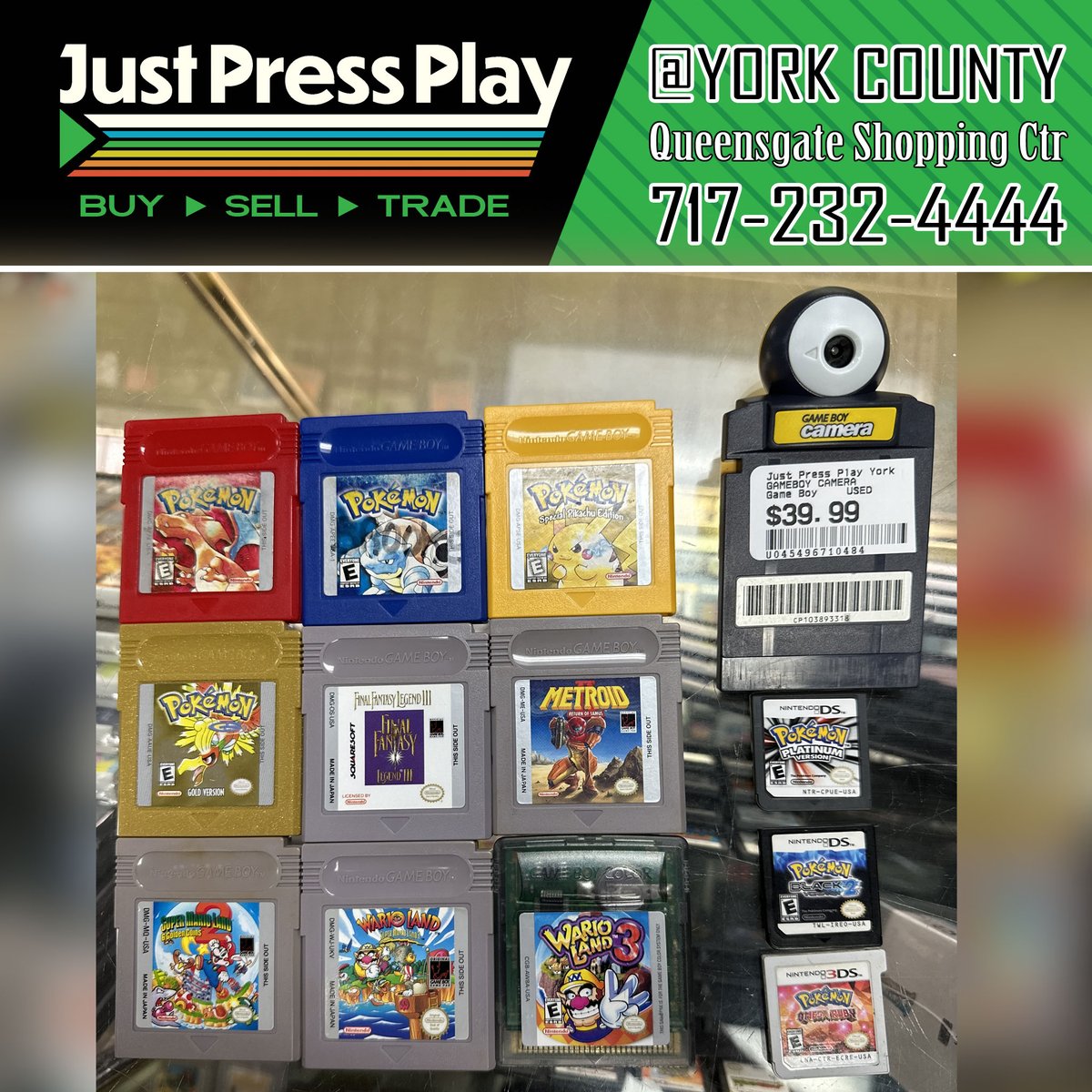We've got that Game Boy gold you're looking for! 🥇 

A variety of Pokemon games for Game Boy, Nintendo DS, and 3DS, plus Metroid, Wario Land, and Final Fantasy Legend games just traded in at York! 

Who's calling dibs on the Game Boy Camera? 🤳👀

#GameBoy #tradein #pokemon